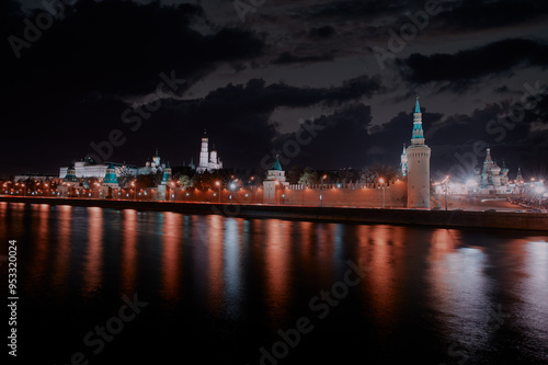 Beautiful city landscape at night. The Moscow River and Kremlin buildings.