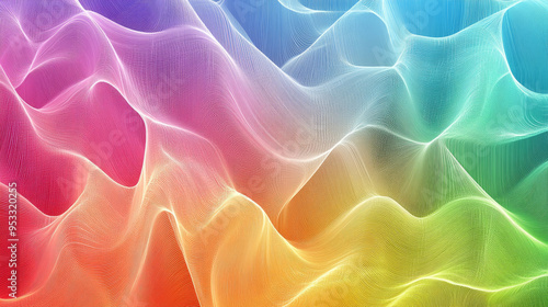 The abstract background of rainbow-colored thin wavy wires offers a vibrant and energetic visual experience. The use of the rainbow spectrum and flowing wire patterns creates a sense of movement