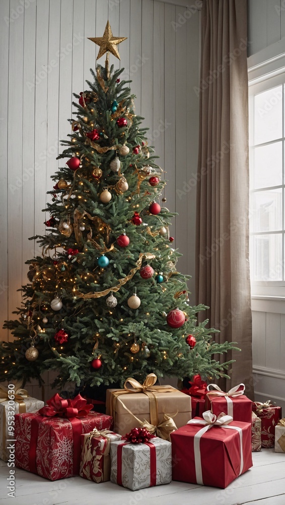 A Christmas tree with presents and decorations against a white wood backdrop. A Christmas tree with presents and decorations against a white wood backdrop.