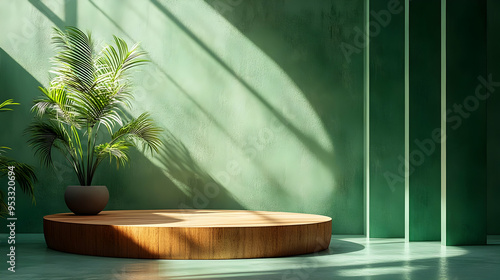 Green wall with wooden plat...