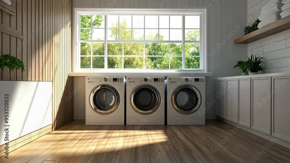 Modern laundry room design with natural light and stylish appliances in a cozy home environment Modern laundry room design with natural light and stylish appliances in a cozy home environment