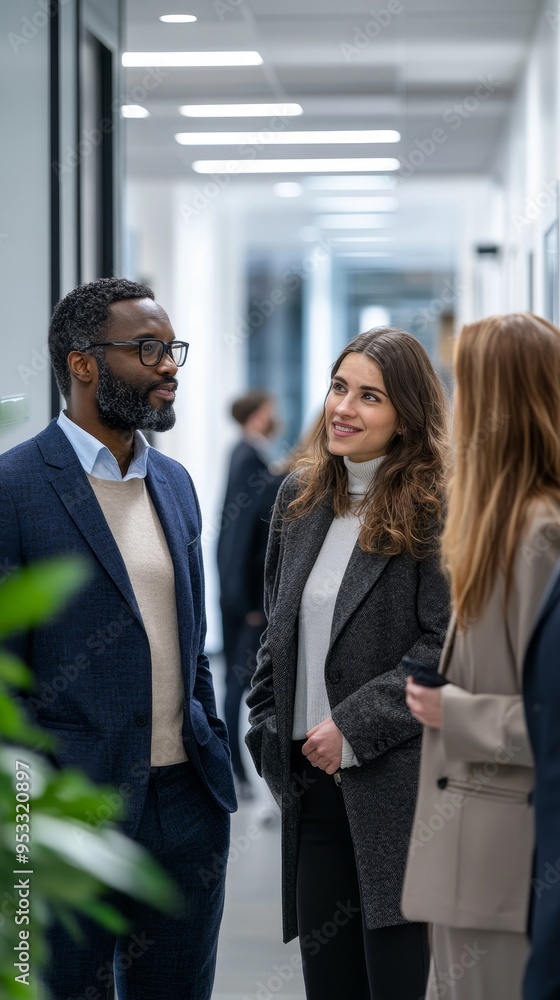Multiethnic group of business people standing and talking to each other before meeting at office corridor, Generative AI Multiethnic group of business people standing and talking to each other before meeting at office corridor, Generative AI