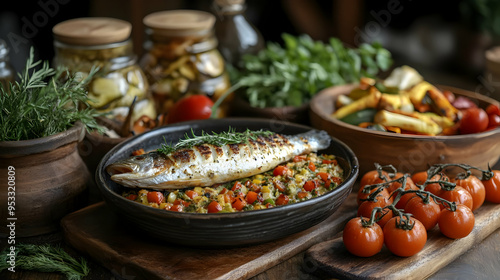 Grilled fish with vegetable...