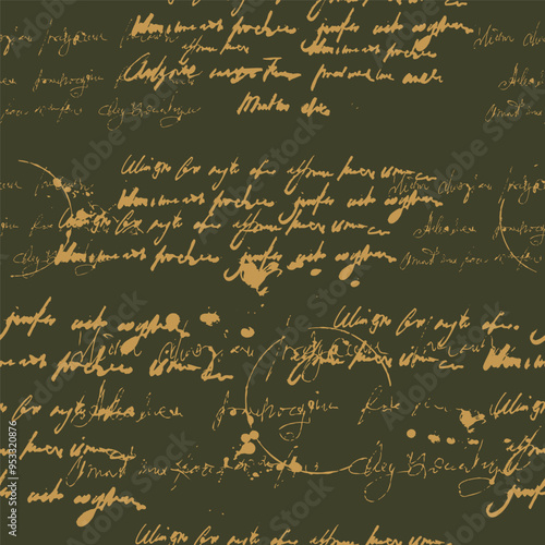 Handwritten illegible text ink, splatter, vintage seamless pattern