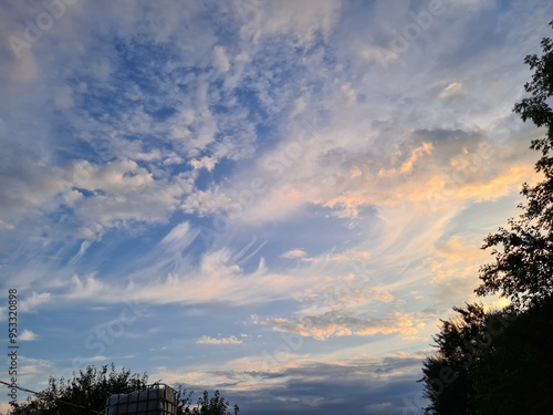 Serene Sunset Sky with Cirrus Clouds: A Perfect Background or Wallpaper
 photo