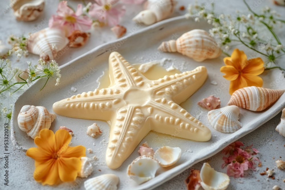 A beautiful starfish sits on a tray surrounded by seashells and flowers. This serene composition captures a coastal vibe. Perfect for beach-themed designs. Generative AI A beautiful starfish sits on a tray surrounded by seashells and flowers. This serene composition captures a coastal vibe. Perfect for beach-themed designs. Generative AI