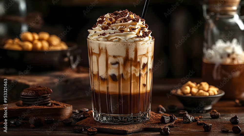 Iced coffee with whipped cream and chocolate shavings, served in a glass with a straw. Iced coffee with whipped cream and chocolate shavings, served in a glass with a straw.