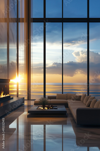 Luxury minimalist living room, with modern fire place, two floor high ceiling. Ocean view outside the window. Spacious cozy sofa. photo