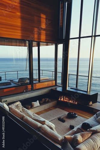 Luxury minimalist living room, with modern fire place, two floor high ceiling. Ocean view outside the window. Spacious cozy sofa. photo