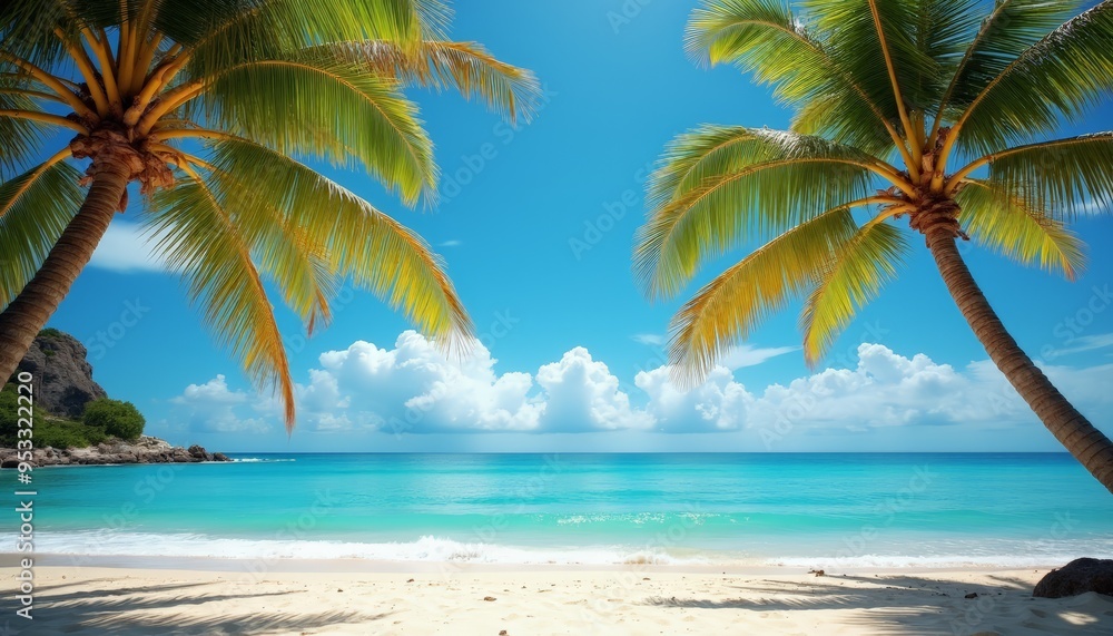 Fototapeta premium Serene Tropical Beach: Clear Turquoise Waters, Sandy Shore, and Lush Palm Trees