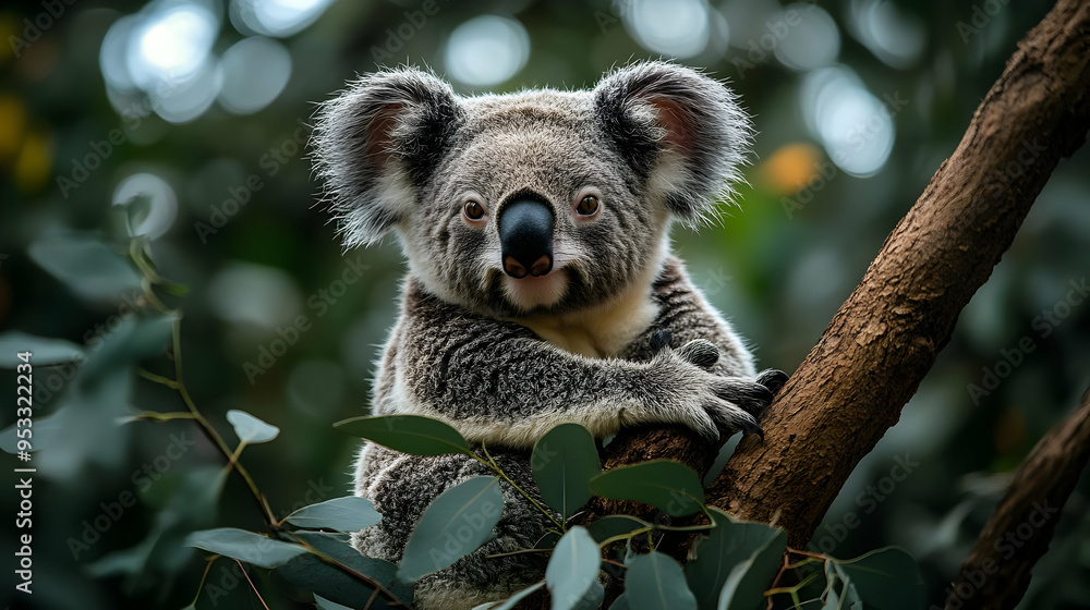 Fototapeta premium Koala Bear Sitting on a Branch in a Eucalyptus Tree.