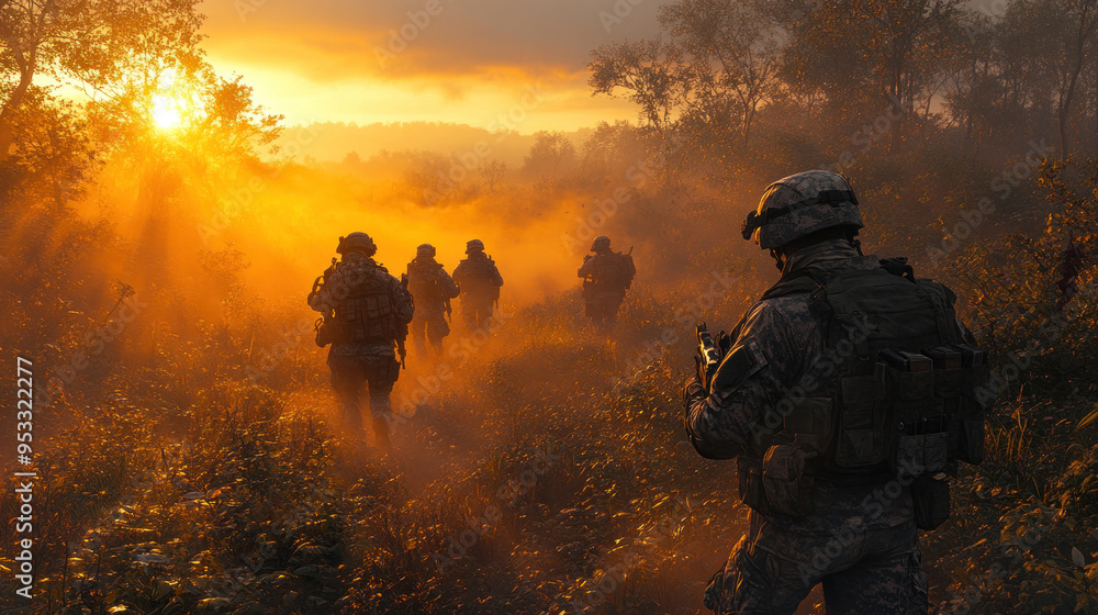 A squad of soldiers moving stealthily through a dense forest at dawn, emphasizing teamwork and the element of surprise A squad of soldiers moving stealthily through a dense forest at dawn, emphasizing teamwork and the element of surprise