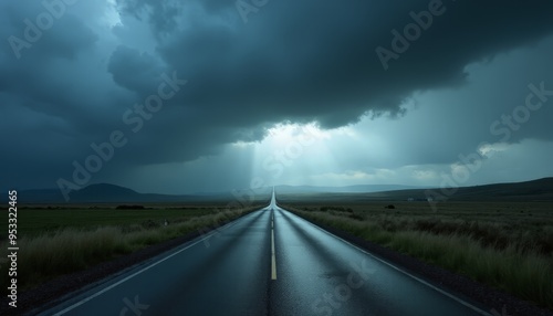 Dramatic Stormy Road: Dark Clouds and Rain Over a Lonely Highway