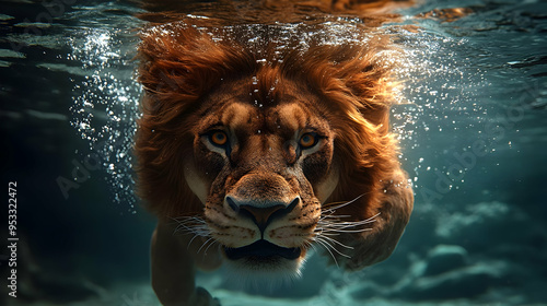 Lion underwater with a clos...