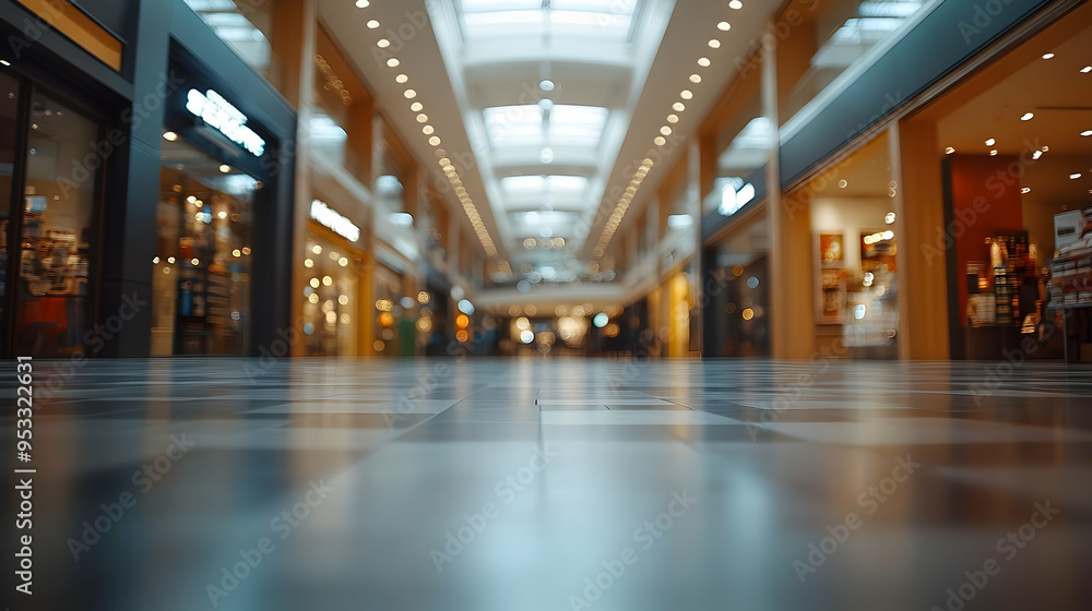 Low angle view of a mall floor with blurred shops in the background. Low angle view of a mall floor with blurred shops in the background.