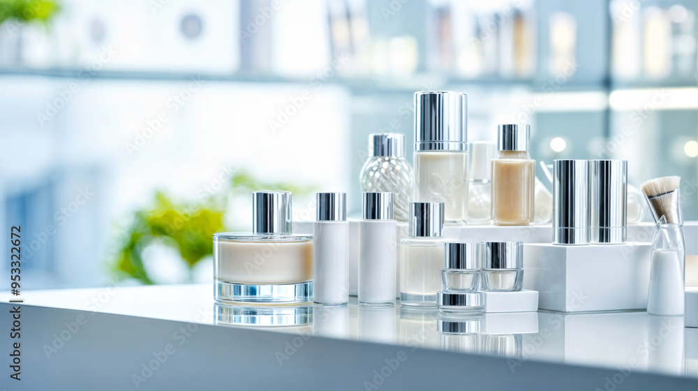 Modern Skincare and Beauty Products Display on a White Counter in Bright Daylight Modern Skincare and Beauty Products Display on a White Counter in Bright Daylight
