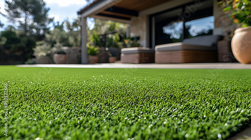 Lush green artificial grass in front of a patio. photo