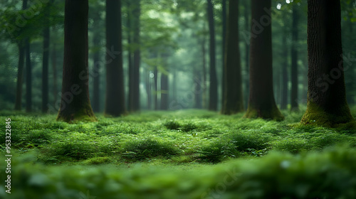 Lush green forest floor with blurred trees in the background.