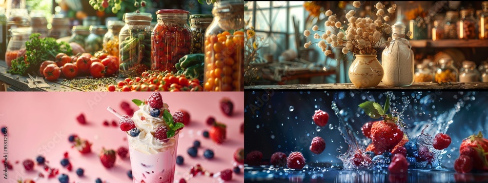 Collage of vibrant food scenes with vegetables, desserts, and fruits Collage of vibrant food scenes with vegetables, desserts, and fruits