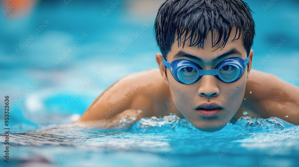 Naklejka premium Close-up of a professional male swimmer, a muscular sportsman, professional sports athlete swimming, training in the pool, young handsome Asian man, either Chinese or Japanese, exercising in the water