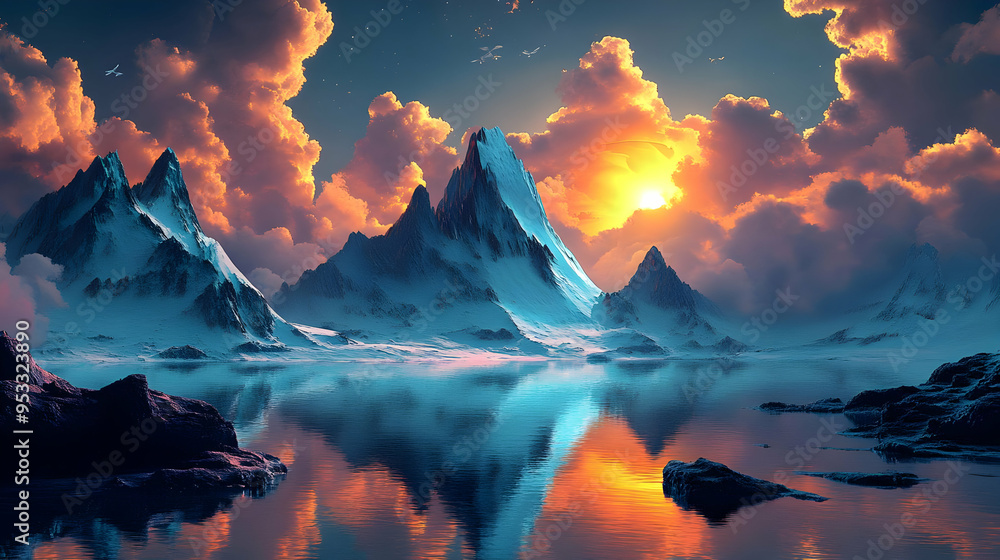 Majestic mountain range reflected in a serene lake at sunset. Majestic mountain range reflected in a serene lake at sunset.