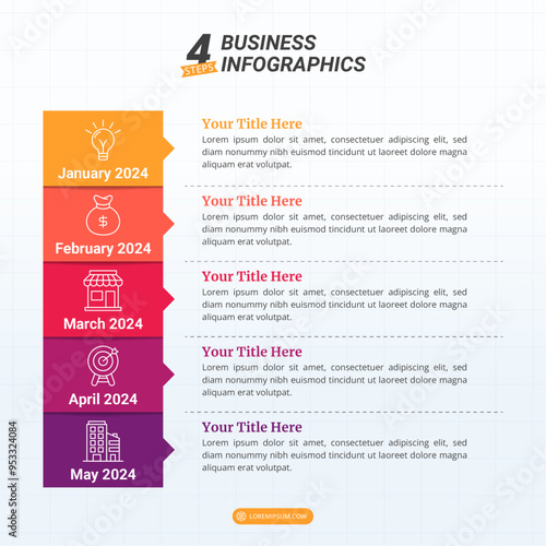 Infographic Timeline with 5 Options and Editable Text on a 16:9 Layout for Business Presentations, Management, and Evaluation.