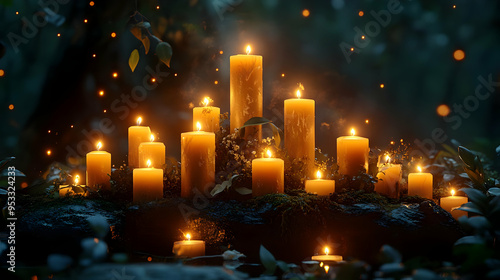 Many candles are lit on a mossy rock in the forest, creating a warm, inviting glow. The candles are surrounded by green leaves and flowers, and the air is filled with the scent of smoke and nature.