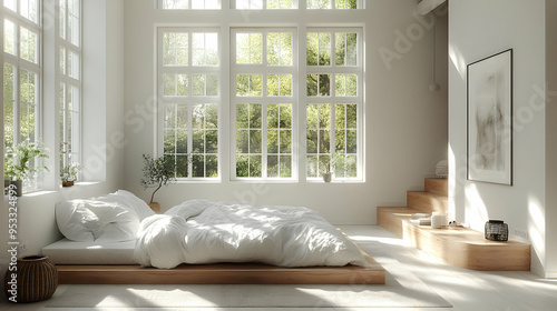 Minimalist bedroom with a b...