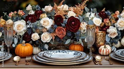 A fall-themed wedding table setting with autumn flowers, pumpkins, and gourds, in an elegant style.