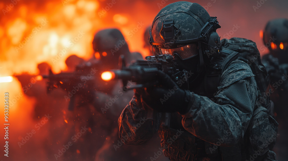 Soldiers conducting a coordinated urban operation, with advanced technology integrated into their gear, representing modern warfare tactics. Soldiers conducting a coordinated urban operation, with advanced technology integrated into their gear, representing modern warfare tactics.