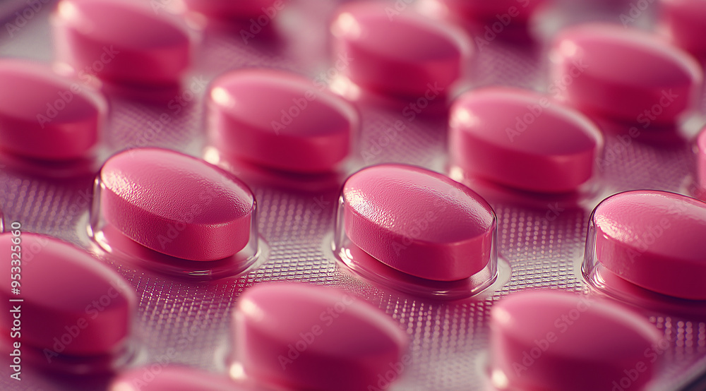 Close-up of pink pills in the packaging, Close-up of pink pills in the packaging,