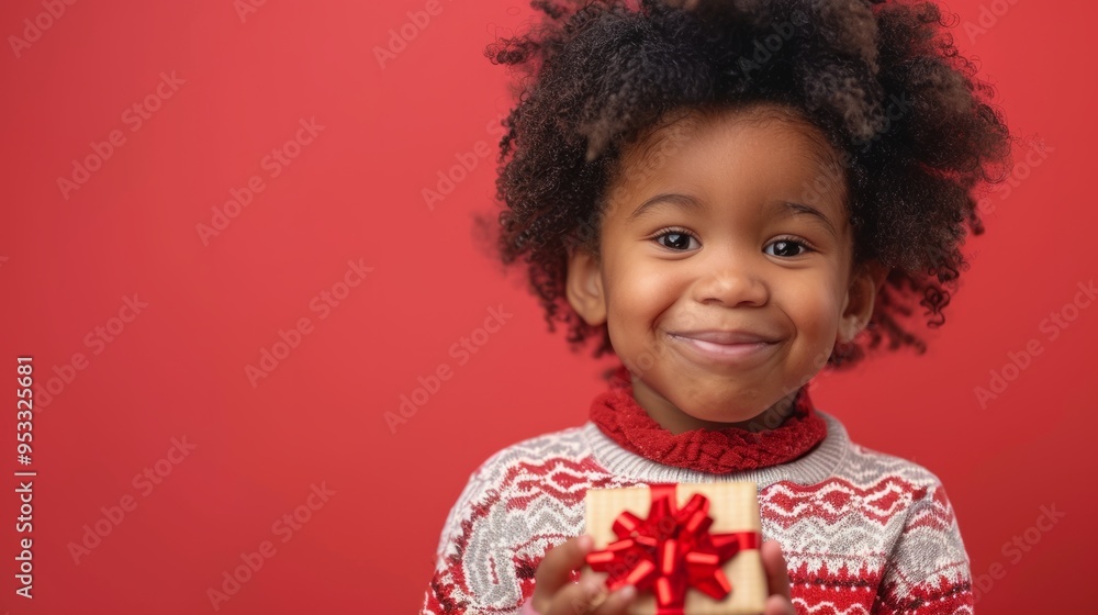 Portrait of happy little African American boy holding gift in hands on red background. Concept of celebrating Christmas, birthday. Portrait of happy little African American boy holding gift in hands on red background. Concept of celebrating Christmas, birthday.