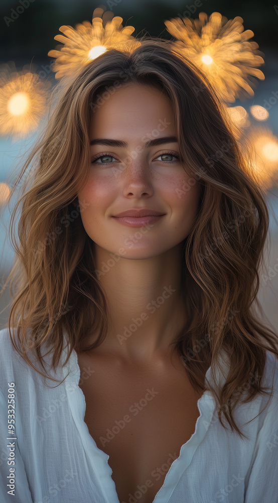 A portrait of an attractive woman with wavy brown hair, wearing a white blouse, in front of fireworks at the beach during sunset. She is smiling and looking directly into the camer A portrait of an attractive woman with wavy brown hair, wearing a white blouse, in front of fireworks at the beach during sunset. She is smiling and looking directly into the camer