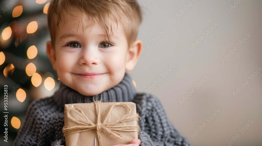 Portrait of happy little boy with gift in hands on grey background. Concept of celebrating Christmas, birthday, copy space Portrait of happy little boy with gift in hands on grey background. Concept of celebrating Christmas, birthday, copy space