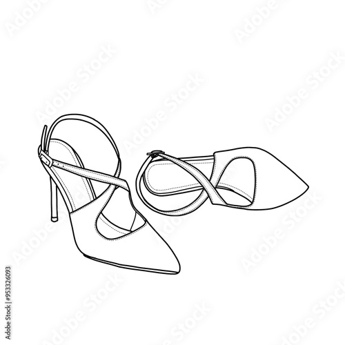 Slingback heels for women are pointed closed-toe, stiletto pumps cross strap, kitten heels line art. Technical sketch hand drawing outline vector doodle illustration.