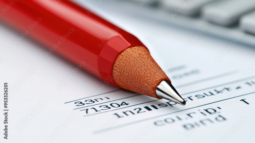 Close-up of a red pencil on a white sheet with printed numbers, with a computer keyboard in the background. Close-up of a red pencil on a white sheet with printed numbers, with a computer keyboard in the background.