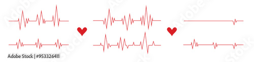 Heartbeat line. Pulse cardiogram Icons of heart beat. Ecg Electrocardiogram with healthy rhythm, cardio attack, ischemia, infarction. Symbol for cardiac