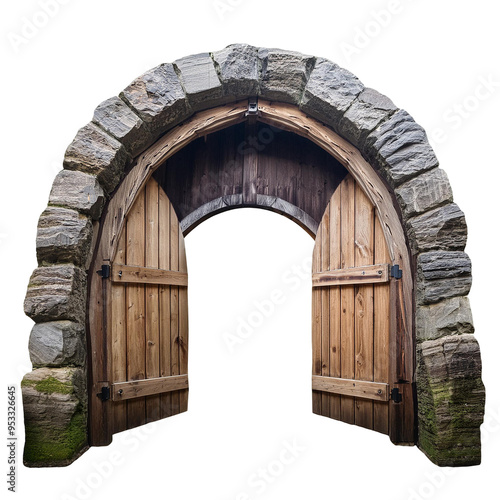arch old wooden door in wall  isolated on Transparent Background.
