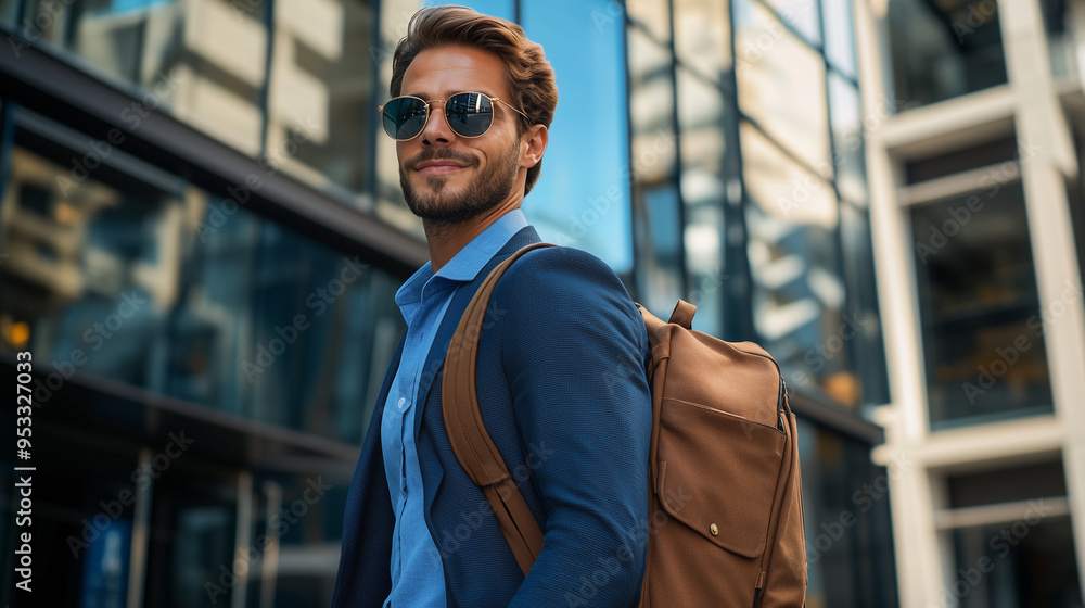 Photo of a young, handsome man in a blue shirt and navy suit jacket with a brown backpack, walking on the street near a modern office building, wearing sunglasses and looking to th Photo of a young, handsome man in a blue shirt and navy suit jacket with a brown backpack, walking on the street near a modern office building, wearing sunglasses and looking to th