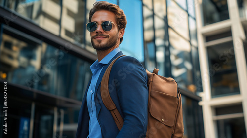 Photo of a young, handsome man in a blue shirt and navy suit jacket with a brown backpack, walking on the street near a modern office building, wearing sunglasses and looking to th