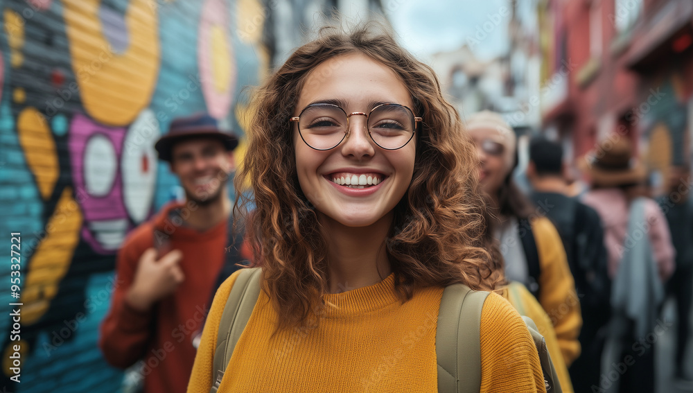 Fototapeta premium A group of young adults, dressed in trendy, casual clothing, exploring a vibrant urban area filled with street art and lively cafes. They are laughing, taking photos, and lookin