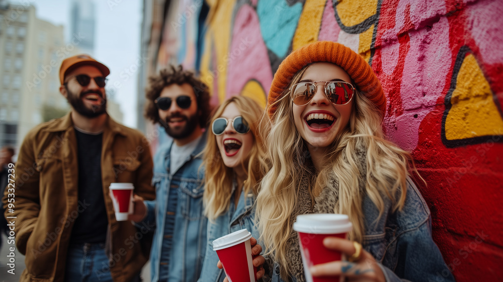A group of friends laughing and drinking coffee in front of colorful street art, holding paper cups with red stickers on them. They wear casual like jeans or denim jackets, some ha A group of friends laughing and drinking coffee in front of colorful street art, holding paper cups with red stickers on them. They wear casual like jeans or denim jackets, some ha