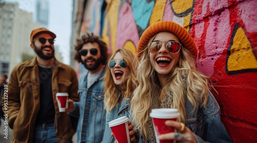 A group of friends laughing and drinking coffee in front of colorful street art, holding paper cups with red stickers on them. They wear casual like jeans or denim jackets, some ha