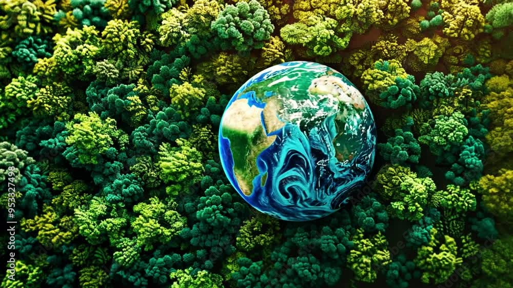 Our Environment Tree Aerial top view of green forest tree and global globe, Tropical rain ...