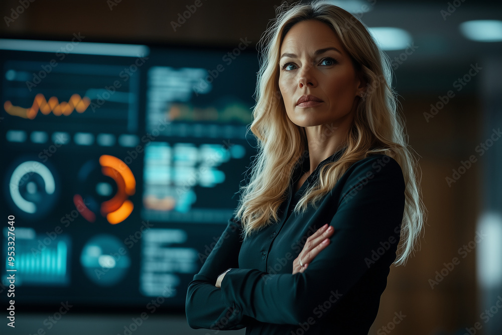 A confident businesswoman stands at the head of an executive team meeting, leading with confidence and impressive presentation skills in front of a screen showing data graphs, agai A confident businesswoman stands at the head of an executive team meeting, leading with confidence and impressive presentation skills in front of a screen showing data graphs, agai