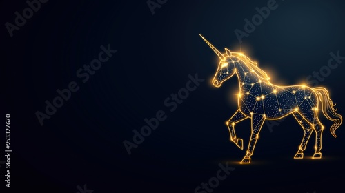 Golden unicorn with starry lines prancing through the midnight air, dark blue background, glowing outline, enchanted celestial steed in graceful motion photo