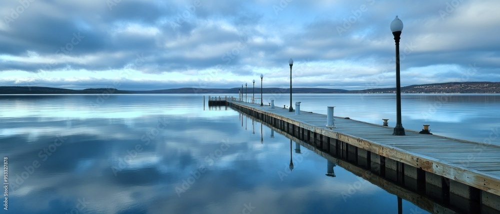 Wooden Pier Extending into Calm Water with a Row of Streetlights Wooden Pier Extending into Calm Water with a Row of Streetlights