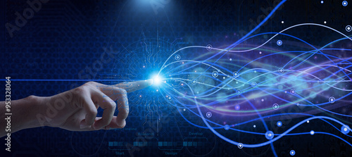 Konstfotografi A hand touching the fastest global data network structure, representing future t