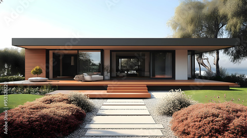 Modern home with wooden dec...