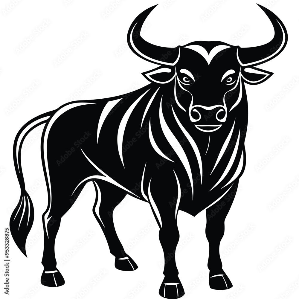 Black silhouette of a powerful bull with strong horns in aggressive minimalist side view Black silhouette of a powerful bull with strong horns in aggressive minimalist side view